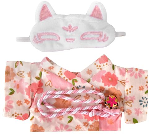 Ensemble Vêtements de Poupées pour Peluche 17cm, Rose Kimono Japonais Tenue, avec Ceinture et Masque Renard Style Kawaii Accessoires Déguisement pour Fans et Collectionneurs de Poupées
