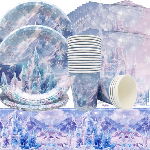Doyomtoy Frozen Stoviglie Decorazioni,61 pezzo Stoviglie di festa fiocchi di neve,Kit per feste di compleanno Coppa di compleanno Telaio Capodanno,Natale,Feste Castello di ghiaccio festa decorazione