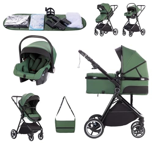 Zkiprm Carrito de Bebe 3 en 1, Conjunto Plegable Portátil（Verde）