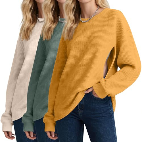 Oakgarden 3 Pack Women's Oversized Nursing Tops, Waffle Knit Breastfeeding Zipper Sweatshirt Long Sleeve Maternity Shirts(Ginger Yellow, Light Green, Cream White,Medium)