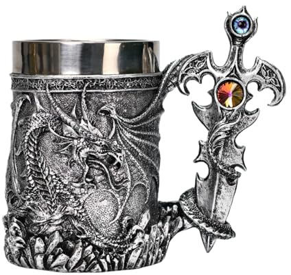Dragon Beer Mug Tankard for Men - 600ml Large Resin Stainless Steel Coffee Cup - Retro Tankard Drinkware Mug for Coffee Beverage Juice