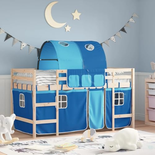 Holamys Kinderhochbett mit Tunnel Blau, 80x200 cm Massivholz Kiefer, Einzelbett für Kinderzimmer, Spielbett mit Vorhang-Set, Robustes Bettgestell für Jungen und Mädchen