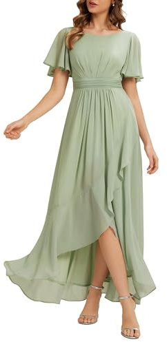 Ever-Pretty Women's Chiffon Bridesmaid Dress with Romantic Flutter Sleeve Ruched Waist High-Low Maxi Dress for Prom Wedding Guest 02708