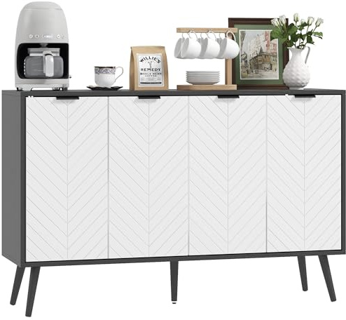 HOMCOM Aparador de 4 Puertas Patas Madera 120x35x77,4 cm Blanco y Negro