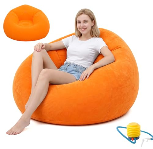 MOFXWHE Aufblasbarer Sessel Sitzsack, Aufblasbares Sofa, Wasserdichtes Luftsofa Aufblasbares, mit Luftpumpe, Tragbares Flocking Aufblasbare Couch für Outdoor, Camping, Reisen, Strand, Pool (Orange)