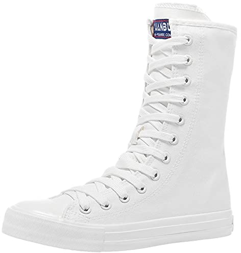 rismart Donna Tela Stivali Metà Polpaccio Punk High Tops Stringate Scarpe