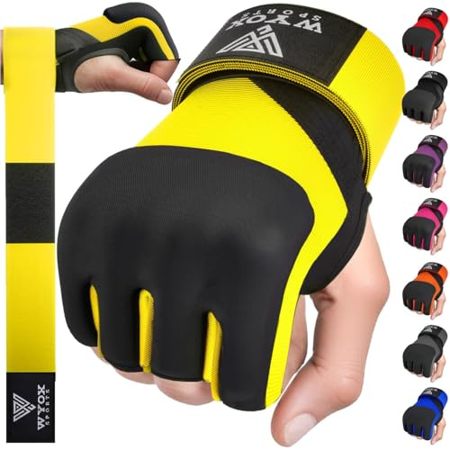 WYOX Boxningsomslag MMA-handskar inre boxningshandskar för kvinnor och män – EZ-Off & On – tjock knogrstoppning – andningsbart tyg (gul, S/M)