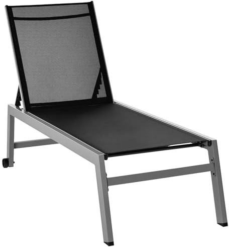 Outsunny Lettino Sdraio Prendisole in Alluminio e Texteline | Schienale Regolabile, Nero e Grigio, 2 Ruote | 169 x 65 x 102cm