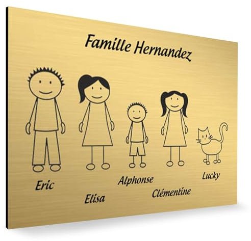 Plaque de maison Family personnalisée avec 5 membres pour boite aux lettres - Format 12x8 cm - Plaque Or - Lettres noires
