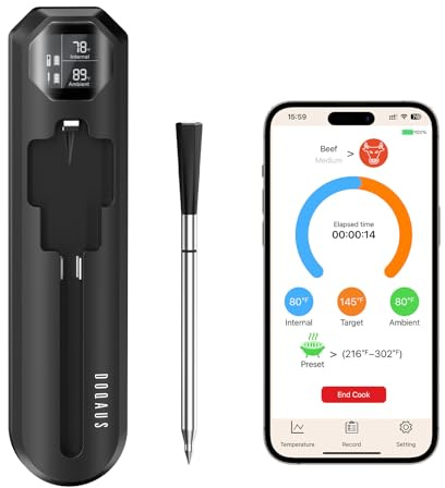 DOQAUS Trådlös Köttermometer, 250m Bluetooth Köttermometer, Matlagningstermometer För Omedelbar Avläsning med Hög Noggrannhet, Smart APP-Kontroll och LCD-skärm, För Grillugn, Rökare Och Fritöser