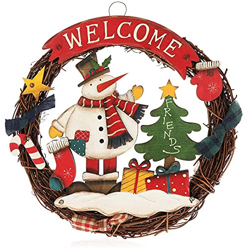 COM-FOUR® Ghirlanda di Natale intrecciata - Ghirlanda per porta WELCOME di legno - Decorazione natalizia da appendere - ca. Ø 24 cm (Pupazzo di neve - M)