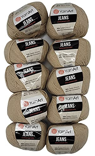 10 x 50g Strickwolle YarnArt Jeans einfarbig mit 55% Baumwolle, 500 Gramm Wolle uni (natur 87)