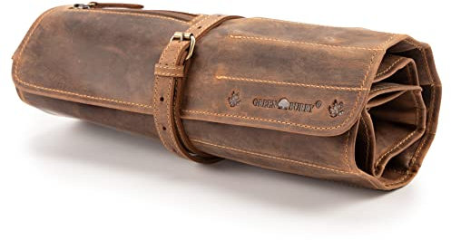 Darcis Werkzeugrolle in Braun - Aus echtem Rindsleder - Werkzeug Rolltasche mit 13 Fächern, 3 Knopftaschen und einem Reißverschlussfach - Werkzeugrolle Motorrad