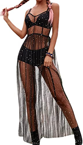 Loalirando Robe à Bretelles Femme Clubbing Fête Sexy Transparente en Tulle avec Strass Tunique de Plage Maxi Longue, Noir, L