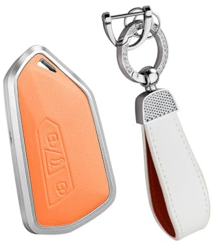 HIBEYO Smart Autoschlüssel Hülle Passt für VW schlüsseletui Leder Schutzhülle Schlüsselhülle Cover für VW Golf 8 Seat Leon MK 4 Tarraco Ateca Skoda Octavia 3Tasten Schlüsselbund Schlüsseletui-Orange