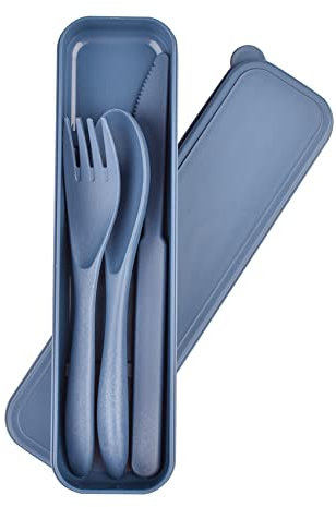 Cubiertos de plástico reutilizables con estuche, juego de utensilios oscuros portátiles para niños y adultos, vajilla para camping, apto para lavavajillas(azul)