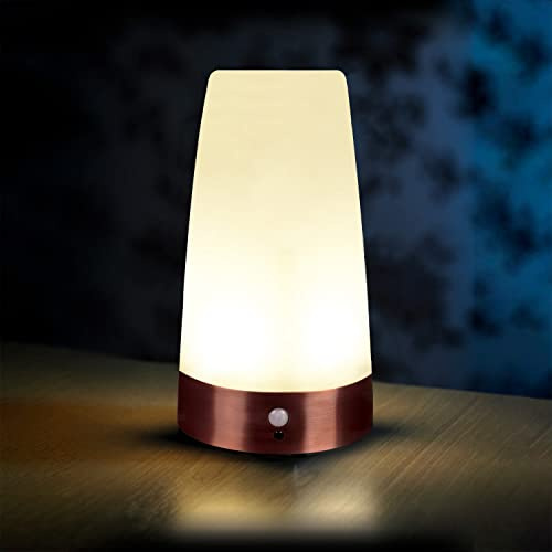 Auraglow Wireless PIR Motion Sensor Table Lamp Super Bright LED Battery Powered Hallway Night Light - Round - 1 Pack | Wireless PIR activated within 6ft, 20 second warm glow for hallway, bedside, stairs and landing, no wiring needed