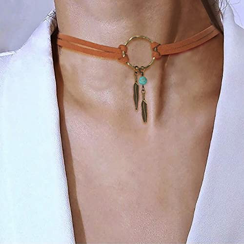 TseenYi Collier Ras de Cou en Cuir et Velours avec Plumes Indiennes - Double Couche Boho Circle pour Femmes et Filles (Marron)