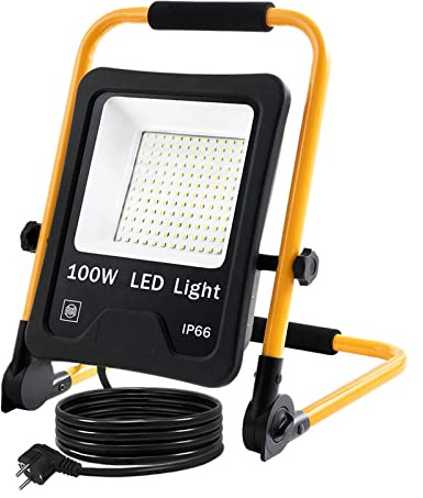 XMTECH LED Fluter Baustrahler Arbeitsleuchte 100W Warmweiß - Inkl. 3M Kabel, Standgestell Und Tragegriff, Arbeitsscheinwerfer Flutlichtstrahler Für Innen-Und Außenbereich IP66 Wasserdicht