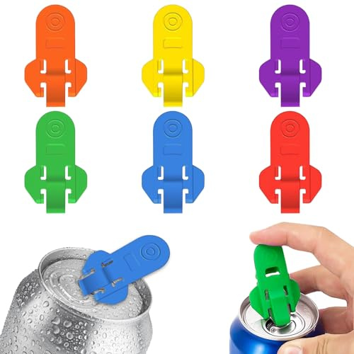 GrovL Easy Can Opener with Beverage Cover & Protector Top Ring Tool Drink Shield for Pop, Beer, Coke or Soda - 6 Pieces