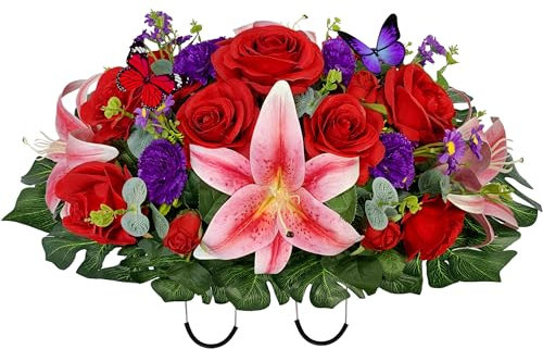 Saxili Künstliche Friedhofsblumen, Grabstein-Blumensattel, Grabdekoration, realistische rote Rosen, rosa Lilie, lila Mama mit 2 schönen Schmetterlingen