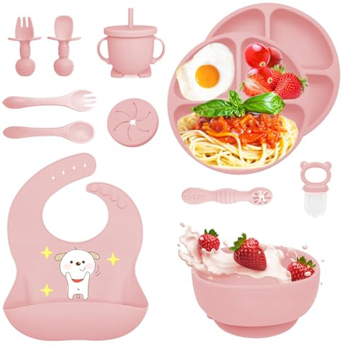 Bizcasa Vajilla Bebe Silicona, 12 Piezas Vajilla de Silicona para Bebés Antideslizante con Plato Cuenco Babero Taza, Cubiertos Bebe, Baby Led Weaning, Cubiertos Infantiles, Sin BPA (Rosa claro)