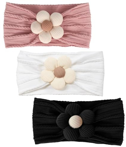 3 Stück Baby-Blumen-Stirnband, Nylon-Baby-Stirnbänder, weiche Haarbänder, Baby-Zubehör für Neugeborene, Kleinkinder (White Black Pink)