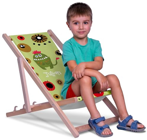 DreamRoots Kinderliegestuhl personalisiert Gr. S, Green Monster | faltbarer Kinderliegestuhl, Outdoor, für Garten, Camping & Strand, bis 30 kg, waschbarer Bezug, 100% Polyester