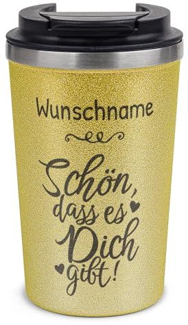 Tassendruck Glitzer To-Go Thermobecher mit Name personalisiert Schön, dass es dich gibt Geschenke für Freundinnen | Nachhaltig, Edelstahl doppelwandig, inkl. Deckel, Gold, 350 ml