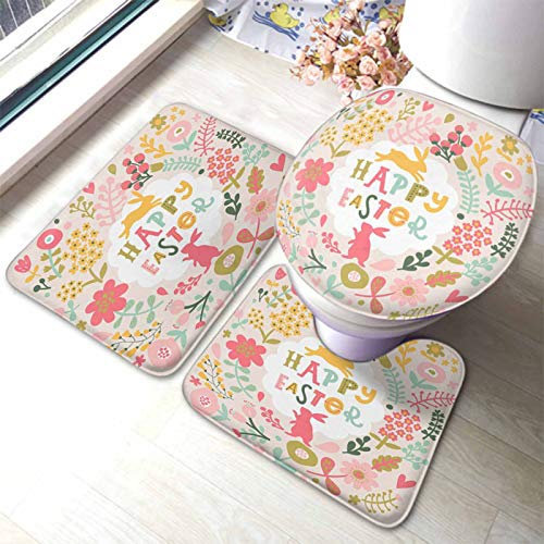 Set 3 Teilig Badvorleger Frohe Ostern Karte Lustige Kaninchen Und Frühlingsblumen Mit Herzen Badematte Und Wc-Vorleger-Set Waschbar Dekorative Badgarnitur Badematten, Für Wohnzimmer, Badewanne