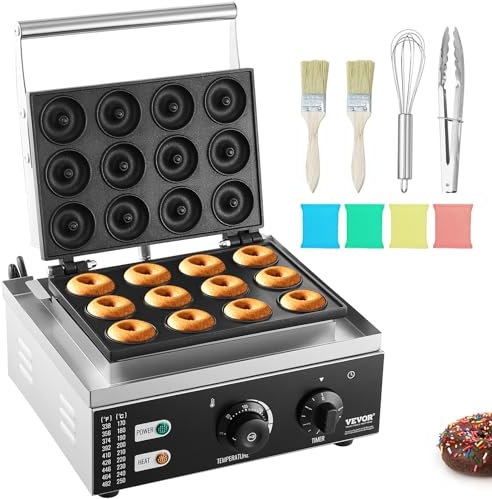 VEVOR - Macchina per ciambelle elettrica da 1550 W con superficie antiaderente, macchina per waffle per riscaldamento a doppia faccia a 12 fori che fa 12 ciambelle, temperatura 165-800 °F, per uso in