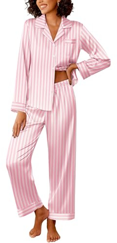 Ekouaer Womens Silk Satin Pajama Sets 2 Piece Sleepwear Pjs Set Long Sleeve Button Down Top and Pants Stripe Loungewear,M