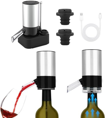KITCHENDAO Elektrischer Weinbelüfter & Vakuum-Sparpumpe, eingebauter Ton-Indikator, automatischer Weinausgießer mit USB-C Kabel, Aufbewahrungsbasis und 2 Stopfen (Schwarz)