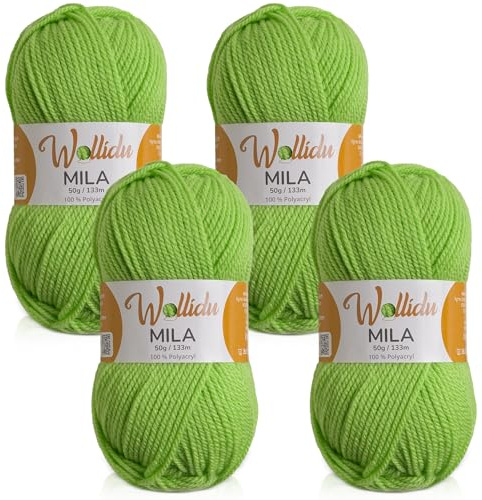 Wollidu Mila garn för virkning och stickning 4 x 50 g/133 m stickgarn 100 % polyakryl virkgarn kiwi grön