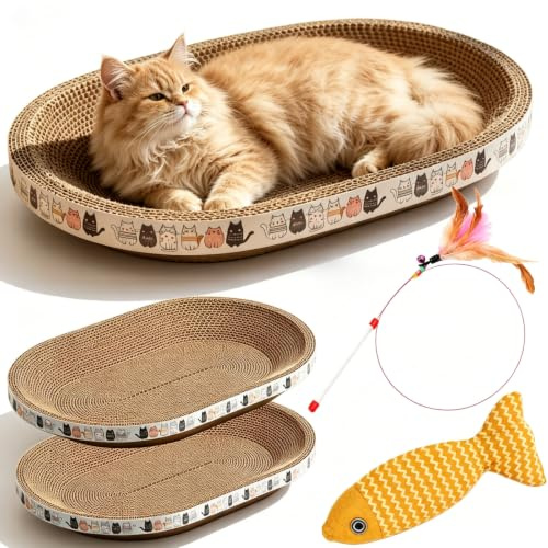 Spindro Tiragraffi per Gatto in Cartone, Confezione da 2, Letto Tiragraffi Ovale Grande, Cuscino Gratta e Sdraio, Ciotola per Unghie, Proteggi Mobili Interno, Forma a Nido