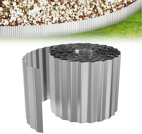 XMTECH Gewellte Rasenkante 10m, Beetbegrenzung aus Metall, verzinkt, flexibel, Beeteinfassung Beetumrandung, Beetbegrenzung für Hochbeete, Baumumrandungen, 15cm hoch, Silber