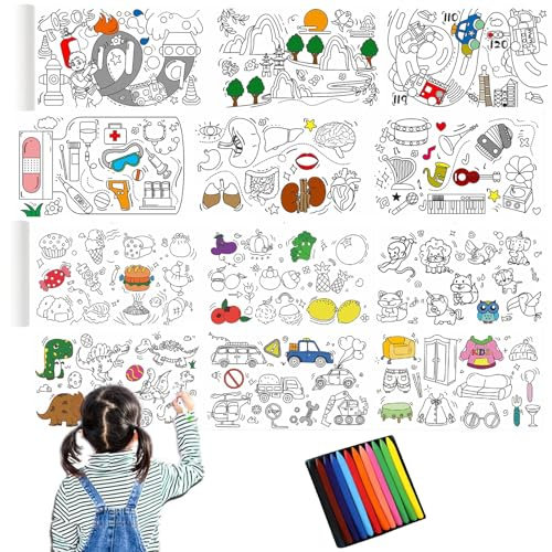 Hshenjhu 2 Stück Zeichnungsrolle für Kinder, 30 X 300 cm Schneidbare Malpapier Kinder, Kinder DIY Zeichenrolle Malerei Malrolle Coloring Paper mit 12 Buntstiften, Lernspielzeug für Mädchen, Jungen
