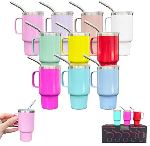 FunTrans Confezione da 10 mini bicchierini da shot con cannuccia e coperchio, in acciaio inox, con manico, per feste di nozze, whisky, cocktail bar (colori misti)