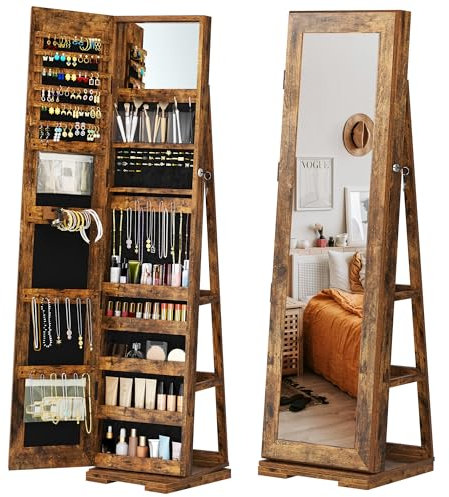 AuraCraft Schmuckschrank Mit Standspiegel,Abschließbar Stehender Spiegelschrank 360° Drehbarer Ganzkörperspiegel Mit 3 Ablagen,große Schmuckaufbewahrung 160 x 38 x 38CM (Vintagebraun)