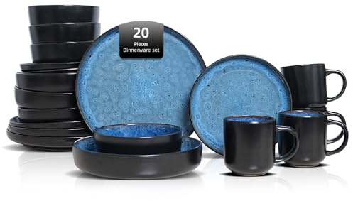 HomeVSS Ensemble de vaisselle 20 pièces - Pour 4 personnes, ensemble d'assiettes et de bols bleu bulle à glaçure réactive | Compatible micro-ondes et lave-vaisselle