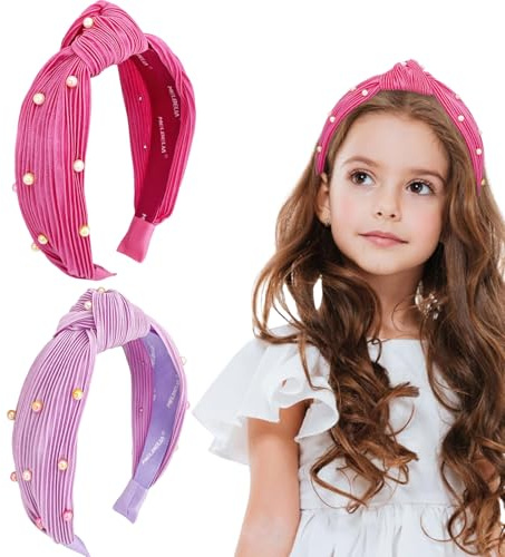 Melbelia Knotted Headbands for Girls Non Slip Girl Pearl Headband Wide Top Knot Head Bands Mommy and Me Fashion Hairband Womens Turban Hair Accessories(Rose red & Purple,2Pcs)