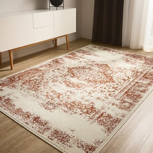 benuta Basic Teppich Suki - Creme/Orange 60x120 cm - Kunstfaser - Rechteckig & im Style: Vintage, Orient Style - Pflegeleicht für Wohnzimmer Schlafzimmer
