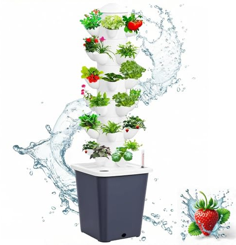 KUCKGO Vertical Hydroponic Tower Garden Growing System - Indoor Planter Kit with 30 Pods, Aeroponic-Style Tower for Herbs, Vegetables, Lettuce & Strawberries, Home Countertop Grow System, Gray