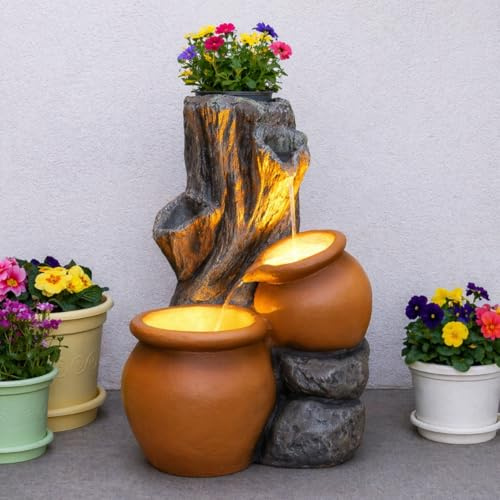 Festive Lights 53,5 cm LED tocón solar con macetero – alimentado por energía solar y USB, fuente solar para interior y exterior, fuente solar para exterior, jardín