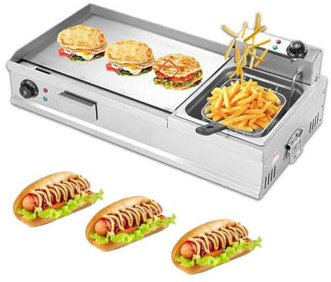 SFNIOKFG Piastre elettriche per Cucinare al Chiuso con friggitrice, Piastra elettrica Commerciale con griglia Superiore Piatta con griglia per condimenti, Padella elettrica, Grande