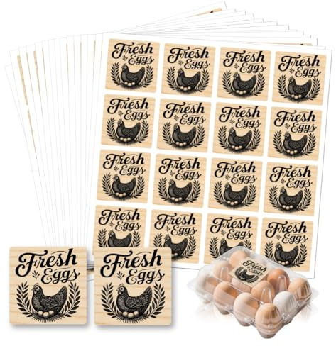 GOMAKERER 320 Pcs Farm Fresh Egg Carton Labels, Chicken and Leaf Egg Stickers Square Egg Packaging Tags Waterproof Self-Adhesive Stickers for Box Container Carton Farm Supplies