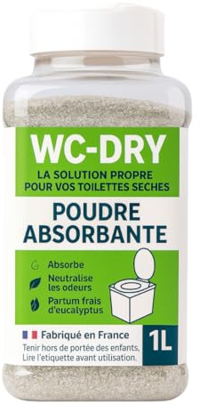 Poudre absorbante toilettes sèches, désodorisant naturel, parfum eucalyptus, fabriqué en France, idéal pour camping, randonnée, chantiers - WC-DRY (1 litre)