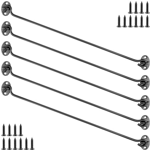 PUCSIQ Lot de 5 crochets tempête en acier inoxydable - 40 cm - Avec œillet - Noir - Pour portes et fenêtres - Avec 8 vis de montage - Verrou de porte inoxydable pour garage/grange