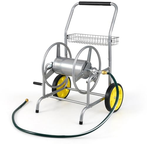 RELAX4LIFE Carrello Avvolgitubo da Giardino, Carrellino in Metallo per Tubi da 16 mm, Lunghi Max 70m, 2 Rotelle, Cestino Portaoggetti, Irrigazione Giardino/Prato/Patio (Argento)