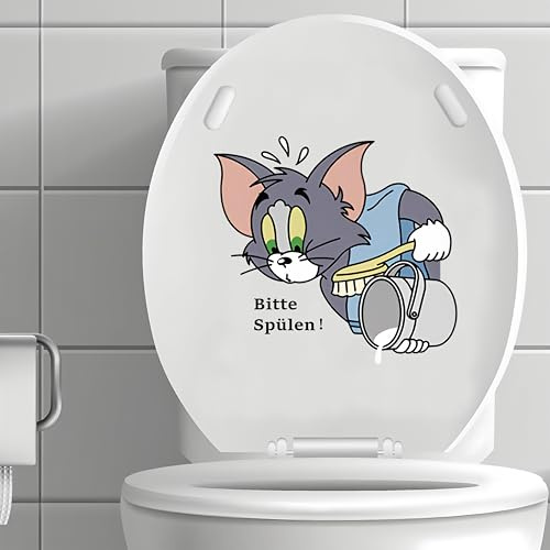 Toilettenaufkleber Bitte Spülen! mit Tom aus Tom und Jerry - Lustiger Cartoon-Sticker für WC-Deckel - Wetterfester Vinyl-Aufkleber (20x21cm, 2er-Set)